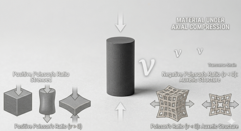 Diagram showing material under axial compression: positive Poisson's ratio (ν > 0) causes transverse expansion, while negative Poisson's ratio (ν < 0) in auxetic structures causes transverse contraction.